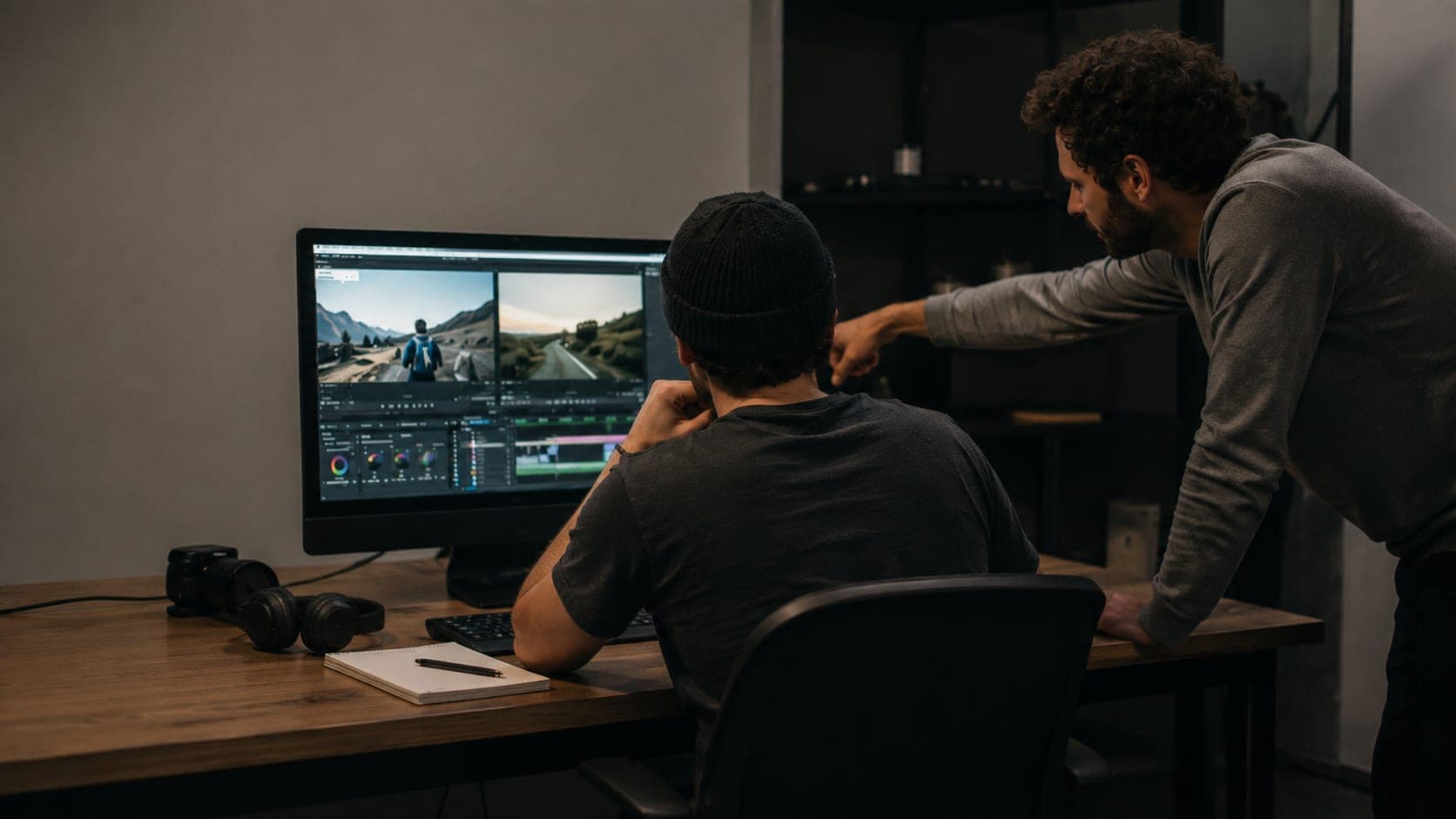 Two Visual Trenz editors reviewing a colour grade together in the edit suite.