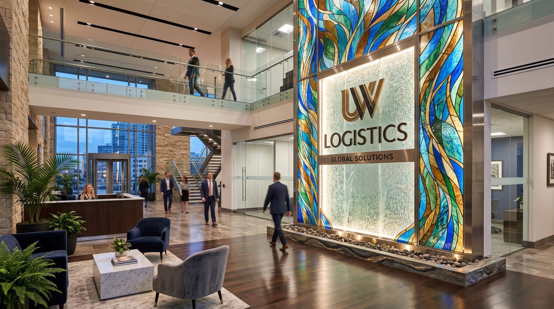 An office lobby with a gold UW Logistics monogram mounted on a backlit water feature framed by stained glass.