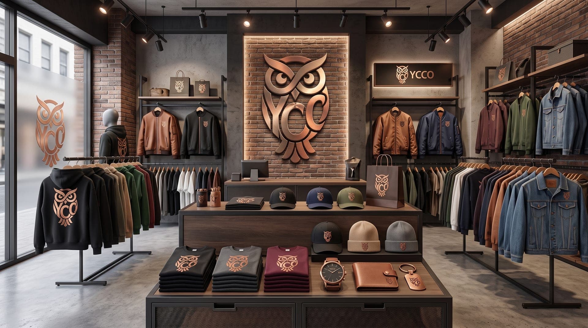 A clothing store interior with a copper owl monogram on the brick feature wall, repeated on hoodies, caps, beanies and tote bags.