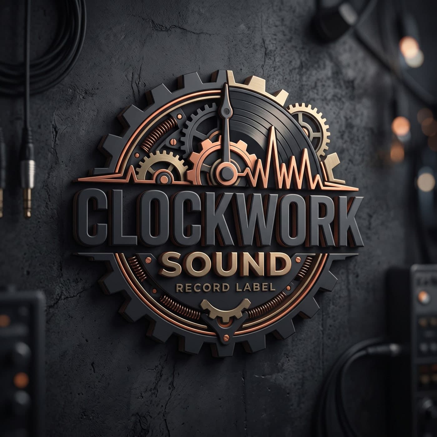 Clockwork Sound record label logo, a gear and vinyl emblem in copper and slate.