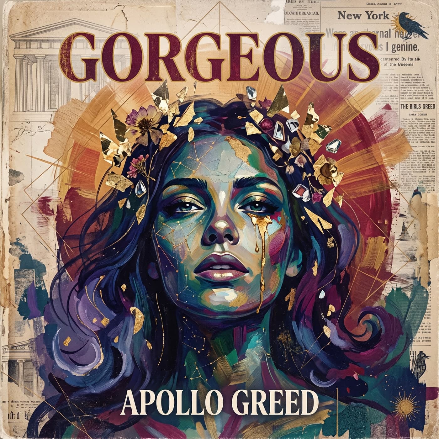 Apollo Greed Gorgeous album cover artwork, a painted portrait over a torn newsprint collage.